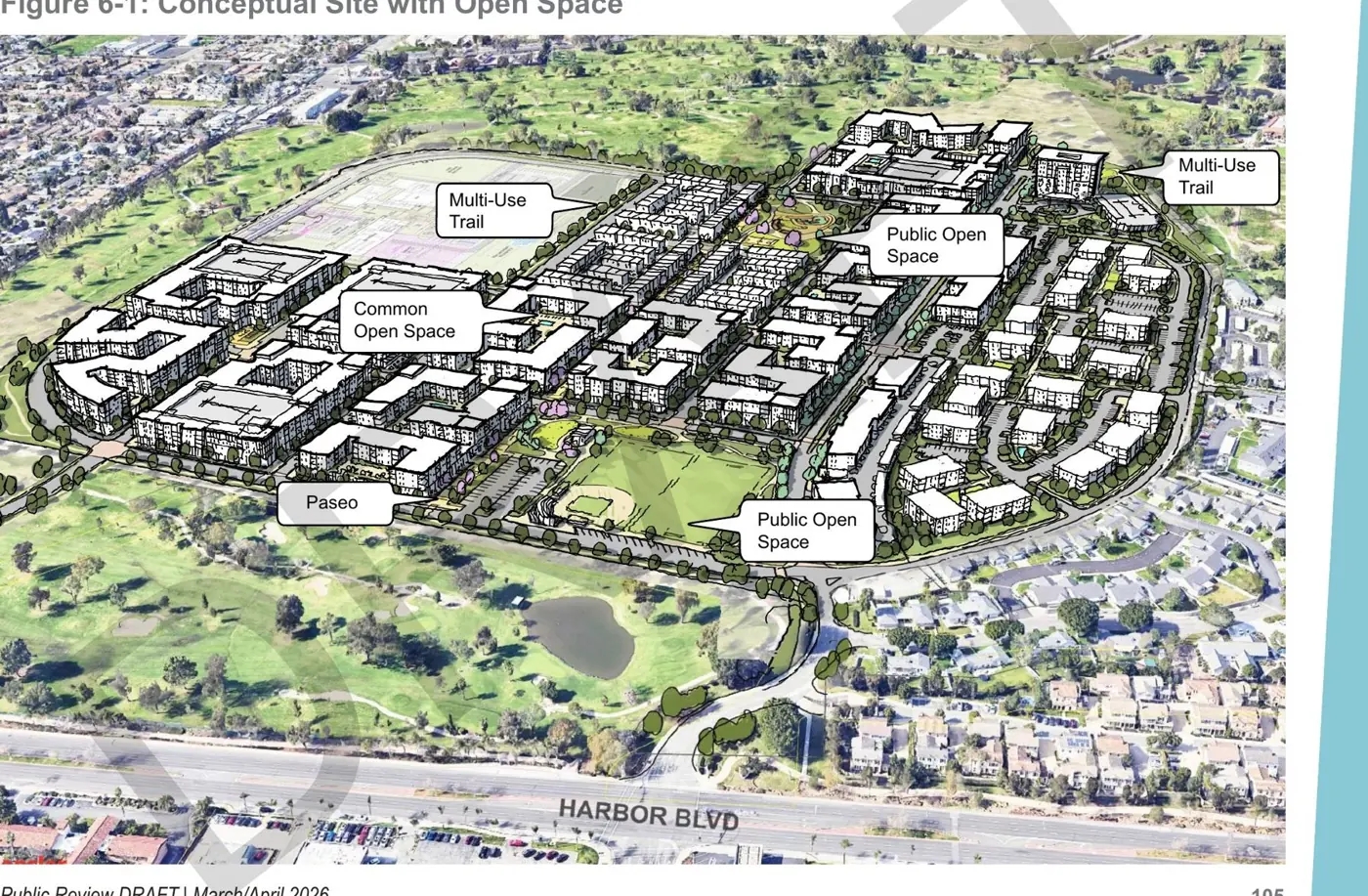 Bird's-eye rendering of the planned Fairview neighborhood looking across Harbor Boulevard